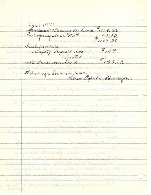 <b>January 1991:</b> Only a list of January finances<br><b>February 4, 1991:</b> Program on "Habitat for Humanity"; donation of $100 made for Girls State; committee reports<br><b>March 4, 1991:</b> Motion carried for club to get rid of their safety deposit box when the next year renewal came due; donation of $10 to the Quick Response Unit<br><b>April 1, 1991:</b> Slides shown on the new improvements to be made to First Street in Meridian<br><b>May 6, 1991:</b> Program on mothers<br><b>June 3, 1991:</b> No-host luncheon held at the Homestead; committee reports; installation of club officers with Rose Kriegbaum re-elected president<br><b>August 26, 1991:</b> Program of Girls State reports; committee reports<br><b>October 7, 1991:</b> Committee reports; motion carried that club give $100 to the Meridian Chamber of Commerce for the Christmas "Adopt-a-Pole" project to beautify Main St.; discussion on how to care for the club's belongings in case the club cannot carry on; motion carried to give $100 to the Quick Response Unit; members to bring canned goods to next meeting for the food bank, which will be followed by a $100 donation; program on quilting<br><b>November 4, 1991:</b> Committee reports; contribution of $20 made collectively by those who brought no food for the food bank and a motion carried the club would donate $100 in addition; program on a "Talking Book"<br><b>December 2, 1991:</b> Meeting at Homestead Restaurant; committee reports; motion carried that the club would pay for the food ordered that day