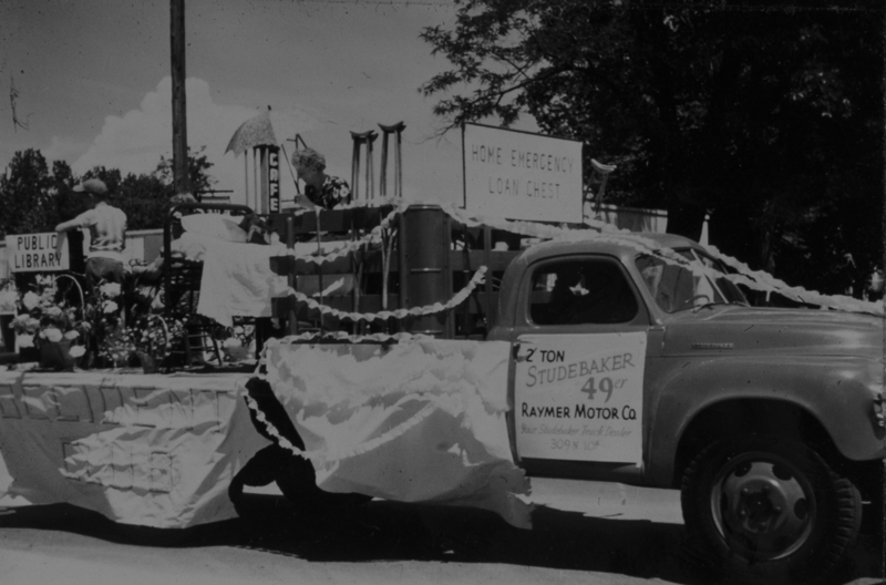 Occident Club participates in the Meridian Dairy Days parade, highlighting their public library and Home Emergency Loan Chest that helped get medical equipment to persons who had trouble affording it.  