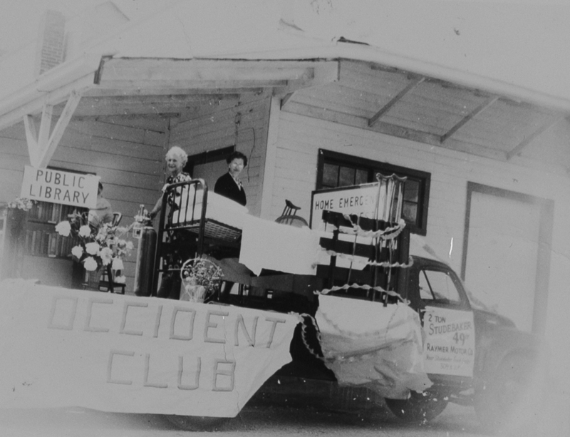 Occident Club participates in the Meridian Dairy Days parade, highlighting their public library and Home Emergency Loan Chest that helped get medical equipment to persons who had trouble affording it.