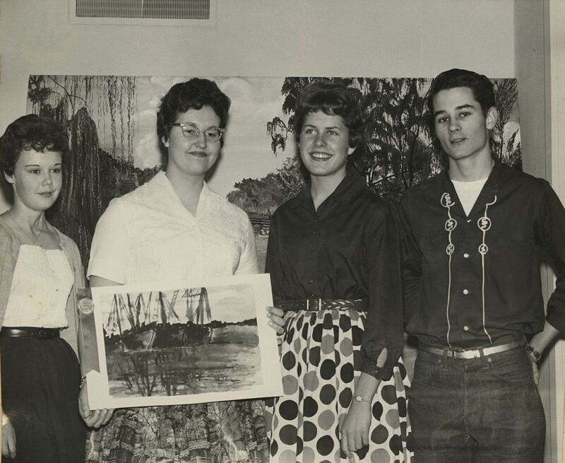 Occident Club 1960 Art Exhibition-Division IV Winners (from left to right): Sue Givart (3rd place), Elena Bodily (1st place), Arlene Christensen (honorable mention), Victor Coy (2nd place); photography by Horton Studio, Meridian