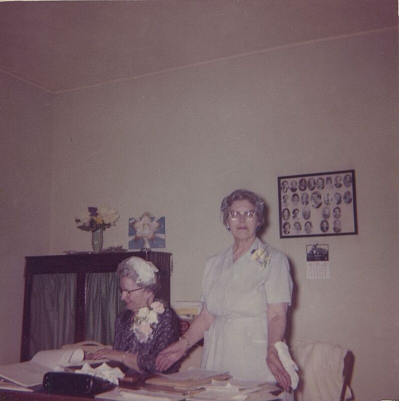 1962 Occident Club meeting (left to right): Mildred Botkin (secretary), Elma Veach (president)