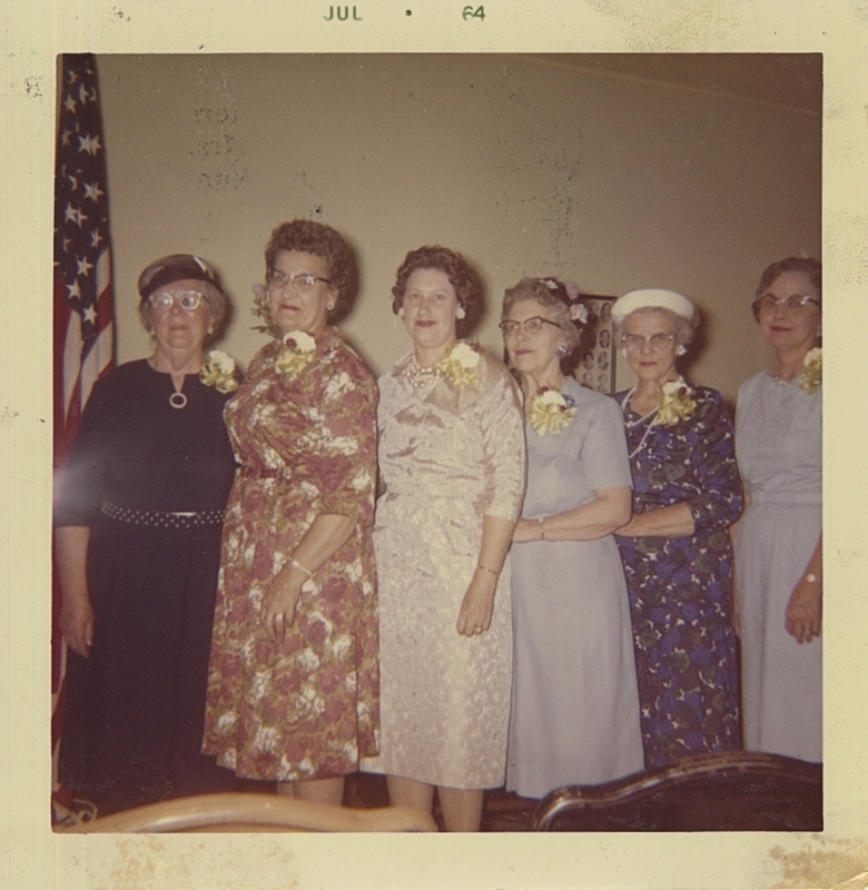 Occident Club Officers for 1964-1965 (from left to right): Mrs. Ray Anderson (President), Mrs. Myrtle Songer (Vice President, standing in for Mrs. Henry Bates), Mrs. Francis Veach (Assistant Secretary); Mrs. Neal Scrivner (Secretary), Mrs. Warren Moore (Treasurer), Mrs. Fred Bower (Historian(