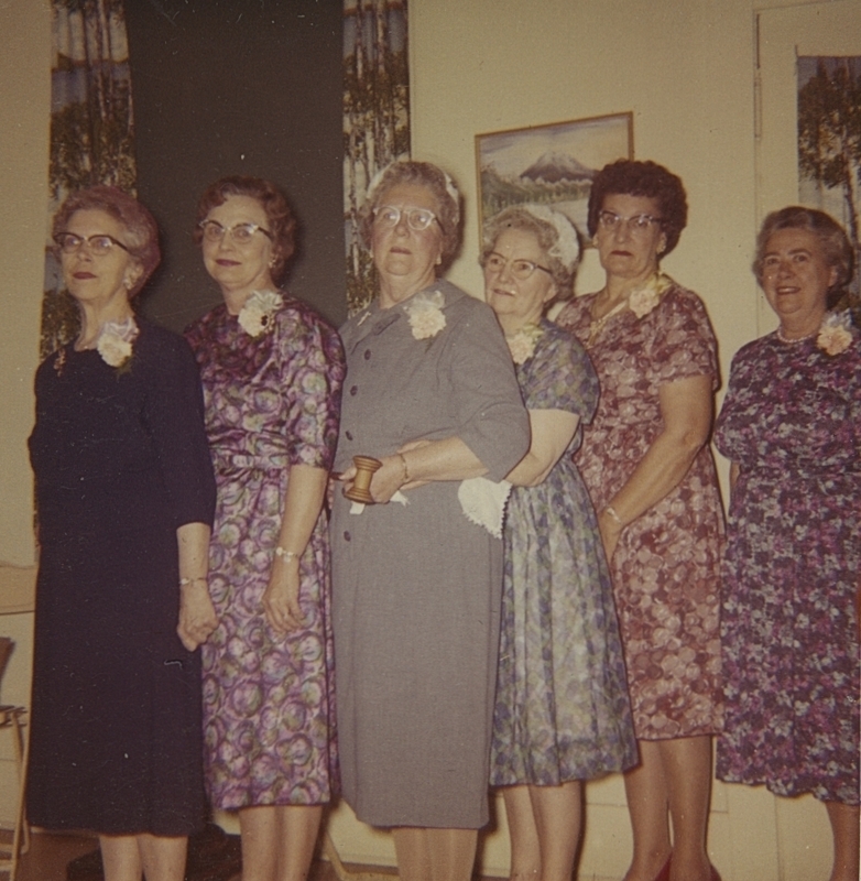 Occident Club Officers for 1963-1964 (from left to right): Elma Veach (Secretary), Minnie Anderson (Vice President), Iva Bower (President), Mildred Botkin (Assistant Secretary) Viola Moore (Treasurer), Marguerite Patch (Historian)