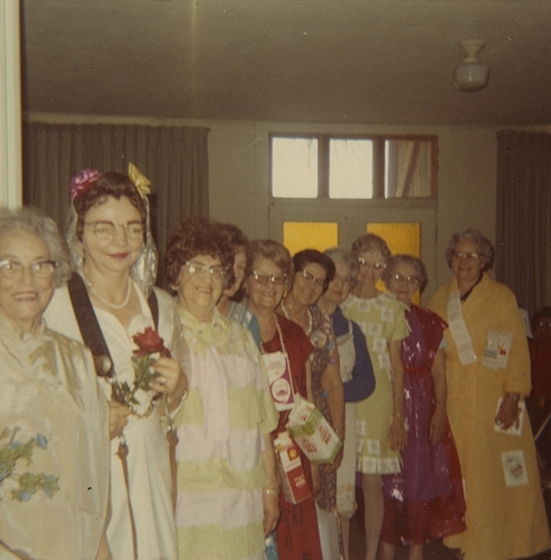 Occident Club meeting has a program on "Fashions of the Day" deaturing a slip-on, a mu-mu, a tea gown, a wedding dress, and others. Mildred deReus, Mildred Langley, Deane Ulmer, Hazel Ryska, Leona Egbert, Iona Ayers, Nina Egbert, Oma Jenkins, Clara Maw, and Ethel Pilkington