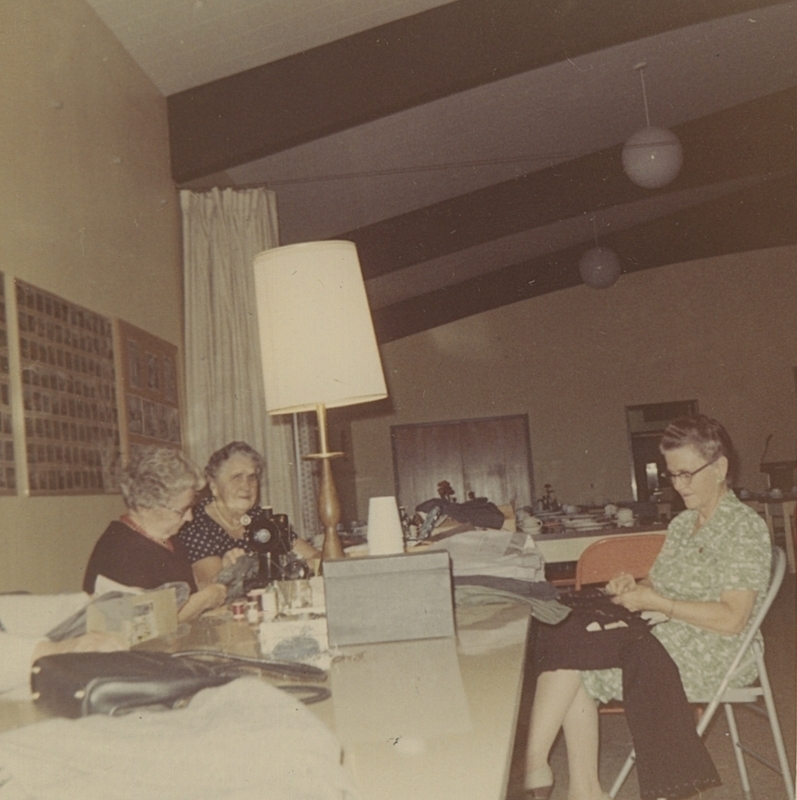 Mildred Botkin and Faye Peter of the Occident Club participate as volunteers sewing at the Veterans' Home, an event that was a regular service of club members. 