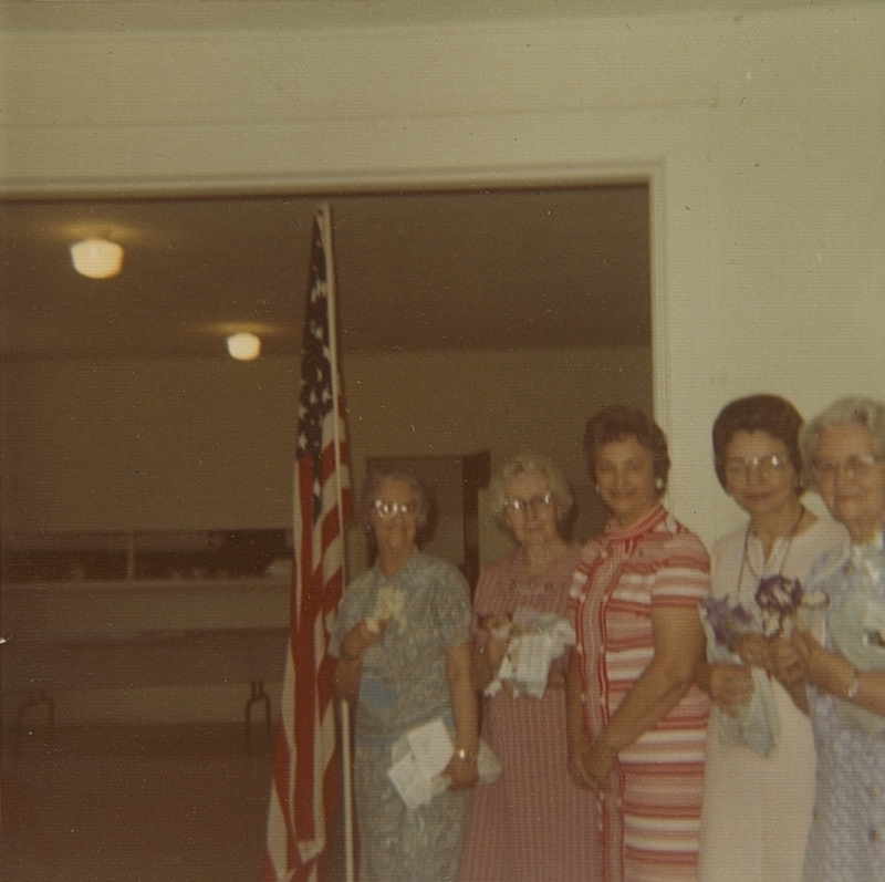 Occident Club Officer Installation--June 1973: Ethel Pilkington (President), Mildred Langley (Vice President), Annabelle Alexander (Guest), Mary Alice White (Secretary), Deanne Ulmer (Treasurer Proxy)