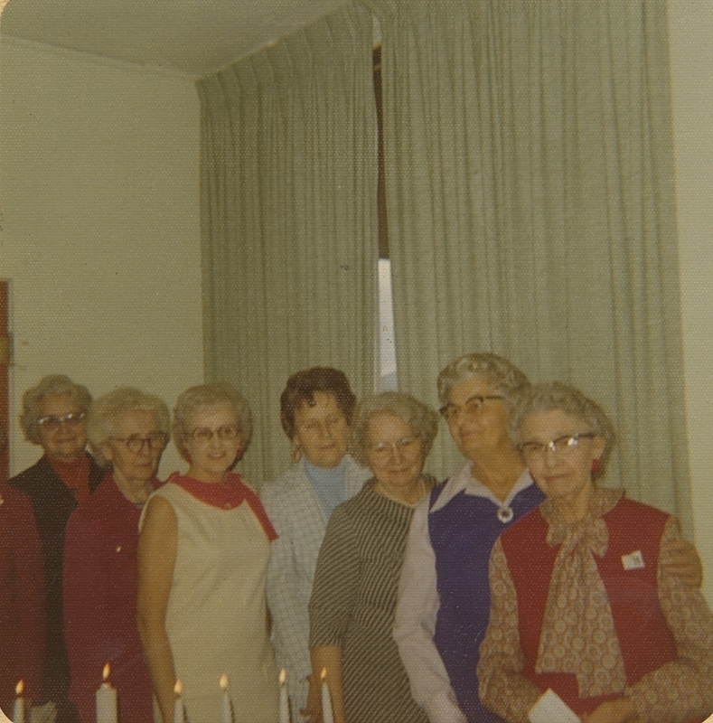 Club members at December 1975 meeting: Ethel Pilkington, Mary Alice White, Florence Hall, LaVerne Hartwell, Mildred Botkin, Lillian Peters, Edith Crockett