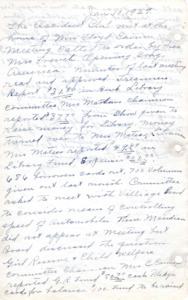 <b>January 10, 1929:</b> America the Beautiful sung; Treasurer's report; Library committee receives $37.75 in raised money from school, now $49.69 in library fund; library has 686 borrower cards out and 700 volumes given out previous month; concern on speed of automobiles in Meridian was discussed by the Meridian board; Child Welfare Committee raised $30.26 from Christmas seal sale; Legislative committee discusses several important bills to come before Legislature; moved to allocate funds to Christmas seal fund and yearbook purchases<br><b>February 2, 1929:</b> America the Beautiful sung; Club votes to endorse Tuberculosis Resolutions for the State Hospital that are going through the current state Legislature, will send endorsement to political leaders; club treasury has $94.41; Park committee has yet to find a favorable park location; 136 books checked out on the previous library day; bills of interest in State Legislature noted, including women's work, school, and welfare work; discussion on purchasing club property; Probate Judge John Jackson of Boise on delinquencies<br><b>March 2, 1929:</b> America the Beautiful sung; motion passed to have representative from Children's Home of Boise come talk with the club; financial reports from the various committees; the Building committee discusses property purchasing options including Interurban Depot, nothing decided; Village Improvement Committee to call meeting to discuss Meridian clean up; Girl Reserves' Mother-Daughter banquet discussed; Library report given (800 books given out in Jan., 634 in Feb.); Miss Helen Flack gives discussion on her trip to Europe last summer<br><b>April 6, 1929:</b> America the Beautiful sung; two club committees met together and discussed upcoming councilman election, they endorse Mr. Hoseley and Mr. Riddle, clob passed motion to endorse as well; committee reports given; Mrs. Jessie Bell chairman of Americanization Committee urged all members to register and vote in city election; nomination of occident club officers for the coming year; financials discussed; Mr. E.R. Bennett from the University of Idaho presents talk on landscaping<br><b>May 4, 1929:</b> America the Beautiful sung; library reports 17 new volumes with 200 to 300 books given out each week; Americanization chairman thank club for voting at a nearly 100% rate the last election; motion for club to pay advertising bill for Clean Up Week; club gets involved in influencing choices for the Idaho state bird; Officers selected for the next year include Mary French as president; club delegates elected to attend Federation convention; program by W.J. Lockwood of Boise Chamber of Commerce discusses Americanization Citizenship<br><b>June 27, 1929:</b> Annual picnic held; begun by singing America the Beautiful; motion carried that new club historians should hold position for one year; Mrs Maleer scolds club members for not reading "worthwhile books" that could be housed at the library; motion passed that July and August meeting be combined into one on August 1st; list of visitors at picnic attached to minutes; Village Committee report attached to minutes<br><b>August 1, 1929:</b> President appoints given members to the various committees for the next year; female presidents of the Century Club of Nampa and the Improvement Club of Kuna address the club for their program<br><b>September 7, 1929:</b> America the Beautiful sung; club accepts invitation of the Columbian Club of Boise for luncheon; financial reports given; club constitution and by-laws read<br><b>October 5, 1929:</b> Financial reports given; prizes for Vegetable, Fruit, and Flower show discussed; Building Committee announces a dance to be given on Oct 11; club votes to purchase Interurban Building, with 22 votes for and 1 against; Vote commenced on what bid to place on the building, with $1000 big carrying the votes; Building Committee advised to bid higher if their judgement sees fit; library report on number of books donated; reading of revised constitution and by-laws, with revisions passed; suggestion to donate fruit to Children's Home instead of money this year; Mrs. Youngquist presents talk on "Benefit of a Civic Club to a Community"<br><b>October 12, 1929:</b> Special meeting between Executive Board and Building Committee on how to purchase the Interurban Building; $1000 offer rejected, told $1205 was the least amount they would accept as that was the property value; value to stay at that rate for a few weeks; Building Committee recommends that Occident Club purchase building for $1205 and the Executive Board agrees<br><b>October 14, 1929:</b> Special meeting of Occident Club members to discuss plans to buy the Interurban Building for club use and library building; carpenter report of examined building shows it in good condition and carpenters would donate work if bought; Building and Loan Company to loan $1000 at 8%; club agrees to buy Interurban Building at price of $1205; Moved that club draws up articles of incorporation, as they must incorporate to buy building<br><b>November 2, 1929:</b> Recap of committee budgets allocated to pay the additional money for the building purchase; decision for club members to look into a Cemetery District to take charge looking after the cemetery<br><b>December 7, 1929:</b> America the Beautiful sung; financial reports given; Mrs. Koger urges members to help Building committee raise funds; Mrs. Jackson of Building committee called on each member to pledge $10 to repairs on the building, and it was moved that each member strive to earn that money next year; 50 pounds of coffee donated by Davidson Grocery Company of Boise to sell and put proceeds to the building fund
