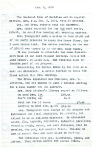 <b>January 5, 1935:</b> Card party report; subscription to Golden Idaho discussed; committee made to plan special book shower for library; program by Dr. Jewell, who talked about children's' diseases (colds, flu, chicken pox, etc)<br><b>February 2, 1935:</b> Library shower day set for Feb. 16th; club collecting fruit for the Children's Home; Carrie Cato urged for more help mending books; program consisted of a paper on improving leisure time, followed by violin numbers<br><b>March 2, 1935:</b> Luncheon with guests, the Kuna Improvement Club and Country Club of Nampa; committee appointed to help with Girl Reserves Stunt Night; motion carried to move club plant exchange to April; Mary Matchem reported 100 books collected during the book shower; library report; presidents of the visiting Kuna and Nampa clubs briefly spoke; program consisted of a readings, musical solos, and a paper on the present conditions in India<br><b>April 6, 1935:</b> Plant exchange led by Tessie Davidson; Mary Matchem provides library report; committee reports; Maude Younquist and Mattie Flack elected delegates to Federation convention; program of violin solos and a talk on native Idaho flowers from Mrs. La Grande Young; Dora Leighton demonstrated polychrome work to finish the meeting<br><b>May 4, 1935:</b> Nominations for next year's club officers; club to help serve luncheon for the Royal Neighbors; Mary Matchem library report; General fund report; program of music solos; partial financial paper report attached<br> <b>June 28, 1935:</b> Annual picnic; Marlys Robinson provided the club auditor's report, accepted by club; motion carried to have club financial report and the library report published in Meridian Times newspaper; motion carried to sell set of reference books from the library to the High School for $50; new club president, Zelma Mathews, addressed the club on doubling the membership over the next year; float for the 4th of July parade discussed and motion to do so passed; motion carried  to discontinue Girl Reserve dept.; motion carried to can 38 jars of fruit for the Children's Home; committee reports presented<br><b>July 13, 1935:</b> Reference books sold to the high school; club announces that they are out of debt; jars for the Children's Home on hand to be distributed and filled; Mary Matchem library report; other financial reports; program consisted of musical numbers including a guitar and a ukulele as well as a talk on drugs (both useful and harmful)<br><b>August 3, 1935:</b> Mary Matchem library report; banquet for the Idaho Power Co. discussed as well as a card party; financial report given; program consisted of musical numbers, and impromptu talk on the Ladies Symphony of Long Beach; Rev. Lines gave address on juvenile delinquency's cause and cure, preaching from Mathew and Ezekiel<br><b>September 7, 1935:</b> Mrs. Goldie Carter sponsored a food sale that raised $10 for the club building fund; Mary Mathcem library report; discussion of club yearbook materials; other committee reports; financial report; paper on the topic of Women in Foreign Lands, this one specifically on women in Turkey and the YWCA work that goes on there; Women of Turkey elected 17 women to office the first year they had suffrage, leaving club to wonder what they could do in America<br><b>October 5, 1935:</b> Mrs. Mateer discusses new club in Meridian, for both men and women, called the Commercial Club, the new club has invited the Occident Club to work with them; Occident Club invited to Columbian Club of Boise meeting in December and Kuna Improvement Club in October; Mary Matchem library report; club yearbooks distributed this meeting; list of members who paid dues and other financial reports; program consisted of music and a talk by Julia Beck of Boise on the new work of the Red Cross and the new emergency stations for First Aid placed along the highways<br>   <b>November 2, 1935:</b> Committee reports (many with none to give); Mrs. Crummly of Boise provided a program on "Possibilities in Recreational Improvement for Youth," teaching that one can't mold the character of children as they are always changing; suggestions for youth activities in Meridian discussed<br><b>December 7, 1935:</b> Club to supply a Christmas basket to a needy family; financial statements; program consisted of Christmas music presented by the Girl Scouts and a talk by Mr. Gaylord, the librarian at the Boise Carnegie Library; Gaylord spoke on how to help the club meet the needs of their community through the library; a demonstration of useful and homemade gifts was conducted
