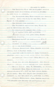 <b>January 3, 1938:</b> Library report;  committee reports; program of music by grade school children and a talk by Minnie Hedges on Alaska<br><b>February 7, 1938:</b> Library report; committee reports; discussion on need of a new roof drain pipe for the cubhouse building; rental report; the program consisted of a report on Abraham Lincoln's life in the White House and a demonstration on table arrangements<br><b>March 7, 1938:</b> Money donated to a memorial fund; library report; finance committee made $58.52 from creamery banquet post expenses;Mrs. Cairns and Mrs. Barber appointed to write essay in an electric kitchen contest; program on pruning and yard maintenance; separate financial report attached<br><b>April 4, 1938:</b> Library report; discussion of cancer control movement; club voting now to be done by raising the right hand; club agrees to allow city band to practice in club rooms; two new members presented; club delegates to the Federation convention elected; the nomination committee members for the next club election were appointed by the president; program consisted of readings by Mrs. Masterson, a song performance, and a talk by Miss White on helpful house cleaning tips<br><b>May 2, 1938:</b> All day meeting in which the club made baskets with the help of Marion White; library report presented; motion carried the club continue the Better Homes of America program; new members presented; club received an invitation from the Historical Society; report from the nominating committee: Mattie Flack the new president-elect; movement to have a rummage sale soon<br><b>June 6, 1938:</b> Occident Club Annual Report on previous year<br><b>June 6, 1938:</b> Annual picnic; library report; committee reports; clubhouse rooms rented sixteen times; auditor report completed; motion carried to let band boys rent the hall for season ending in August for 30 dollars; motion carried to donate to cancer control movement; Marion White gave a talk on "Problems in buying fruits and vegetables"; newly elected officers to their offices; two new club members introduced<br><b>July 11, 1938:</b> Library report; reading of constitution and by-laws; committee appointed to help plan the upcoming achievement day for the fall; program of musical numbers and a talk by Rev. Johnson on life in Australia<br><b>August 1, 1938:</b> Library report; committee reports; achievement day program to be held in Meridian on October 14th, the theme to be "Our Greatest Community Achievement"; Mrs. Davisson report on the women's camp meeting; Miss White gave useful suggestions on planning a home<br><b>September 5, 1938:</b> Library report; Mrs. Matchem reported that city council would like for club to landscape the park, after discussion the motion to do so carried; the program consisted of a violin solo and a story ("Home Sweet Home") by Mrs. Cato<br> <b>October 3, 1938:</b> Library report; a large donation of books to library; announcement of a first aid class in Meridian October 10th; club adopts the resolutions from the Federation convention were adopted; Mrs. Wolfe gave a talk on her trip to McCall; park landscaping planning underway, asked for donation of trees and low growing shrubs; the program topic was "America Salute the Flag," included with a report on the U.S. Commissioner of Labor, and a talk on "The Constitution"; violin numbers followed<br><b>November 7, 1938:</b> Several new members join the club; library report; club rummage sale announced for Nov. 16th; Mrs. Taylor reported a gift exchange for the next club meeting (gifts not to exceed 25 cents, or be less than 15 cents); Mrs. Mathews of the legislative committee discussed "the fish & game question"; a discussion on renting the hall for dancing, but the motion lost; more plants asked for for the town park; motion passed the club give a tree to the park<br><b>December 5, 1938:</b> Library report; Mr. Rice donated reference books & a bookcase; motion carried to fill a Christmas basket for Mrs. Beatty and Mrs. Hudson; motion passed to donate money to the Children's Home; report on profit of the rummage sale; new members announced; program consisted of Christmas carols and a gift exchange