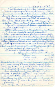 <b>January 2, 1939:</b> Several motions made and passed--the club renews their fire insurance policy; club holds chinese checker party at clubhouse; dispose of the rummage to needy families; flowers be sent out in case of serious illness or death of members and cards to immediate family; put on any dinner that comes up the club is asked to do; library report; Christmas baskets were delivered; report from the card and flowers committee; stories read for the program<br><b>February 6, 1939:</b> Committee reports; club membership currently at 46 members; library report; the program consisted of music performed, a skit, and a talk by Rev. Johnson on Life in Australia<br><b>March 6, 1938:</b> Memorial service held in honor of Goldie Carter; committee report;motion passed for club to sponsor a meeting of Cancer Control on April 24th;  program discussing the laying, care, and different types of linoleum; musical numbers performed afterward<br><b>April 3, 1939:</b> Library report; committee reports; motion to plant more trees passed; club activities continued to be published in paper; letter red from treasury department letting club know they are exempt from income tax; election committee organized for nominations of club officers; club delegates to the Federation convention elected; program by Fred Woods of Woodacres, who gave a talk on flowers, shrubs, and trees; attached to minutes the report of the Federation club meeting (undated)<br><b>May 1, 1939:</b> Library report; committee reports; club room rented to the young married womens' club for Mother's Day; and to the band for the summer; Mrs. Hedges appointed as auditor; nominees for the election of club officers reported; Mrs. Deane Ulmer the new president-elect; a biography given of Margaret Mitchell, author of "Gone With the Wind"; musical numbers performed; annual financial and other reports attached to minutes<br><b>June 5, 1939:</b> Annual club picnic; Mrs. Barker to give club 25 dollars toward the building of a kitchen at the clubhouse; meeting turned over to new President (Ulmer) and the new officers to their offices; club members to help with Post-Masters banquet; report on library and Meridian park; Mrs. Flack suggested a future Public Benefit Day for the Occident Club and Library downtown; Mrs. Mathews and Mrs. Cairns led club in a program of games<br><b>July 3, 1939:</b> Patriotic hymns sung to begin meeting; library reports; committee reports; letter concerning the Cancer Control movement; plans for Achievement Day; program consisted of Mrs. Dorothy Neal Stephens talking on posture, a tap and ballet dancing with accompanying violin music<b>August 7, 1939:</b> Library report; committee reports; club yearbook discussion; report in money gained through renting rooms; discussion on whether to kalsomine the library room; a "courtesy committee" established to bring in prospective members and welcome them; program by Susie Cairns discussing the early history and development of mining in Idaho; a paper was also read on the history of Idaho irrigation; roundtable discussion on Idaho products<br><b>September 4, 1939:</b> Mary Matcham library report; committee report; new club janitor appointed; discussion on allowing clubhouse to be rented for Sunday morning services; need to Kalsomine the library; Achievement Day; members discussed their vacation travels including Yellowstone Park etc.<br><b>October 2, 1939:</b> Library report; committee reports; ant problem at the clubhouse; motion carried to rent clubrooms to Full Gospel Church; President of Second District Federated Clubs letter read about importance of not repealing Neutrality Law; club's first president Marion Clelan visiting and gave talk; Nina Egbert presented a history called "Organization of Occident Club in 1924"<br><b>November 6, 1939:</b> Mother-Daughter day at club meeting; library report; new members introduced; committee reports; club Christmas gift exchange announced; club yearbooks; motion carried to sponsor a reception for teachers; program a "Mother Daughter Hodge Podge"<br><b>December 4, 1939:</b> Library report; committee report; motion carried to buy new stoves for clubhouse; motion carried to give Girl Reserves money; program "A Christmas Party," focus on the writer of The Messiah (Handel) given by Mrs. Knowles