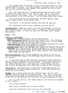 <b>January 8, 1951:</b> Americanization report mentions Susan B. Anthony election to Hall of Fame and and Mrs. Edith Sampson, "a Negro woman" being named a representative to the United Nations; committee reports; librarian report; motion passed for club to make application for membership in the Idaho Library Association; program by Mrs. Frances James discussing her 18 months in India and Pakistan<br><b>February 5, 1951:</b> Committee reports; library board reports that 3 new book shelves gifted to library; emergency chest inventory; motions carried for club room rental to be $6 a room with coffee making permission and $7.50 if a meal was to be cooked, and to only rent a day at a time and not by month or year; motion carried to look into letting Girls Scouts use club room;  program of two vocal solos and a message from Rev. Hartzell Cobbs<br><b>March 5, 1951:</b> Committee reports; reported that club building is rented most of the time; motion carried to allow Girl Scouts use of club rooms if cared for properly; discussion to help needy family in community; program of piano numbers and a talk by Mr. Orlando Gooch a legislator in the House of Representatives<br><b>April 2, 1951:</b> Committee reports; major business the election of delegates to State convention; a program by Miss Vera Ostragorsky on her life in Germany during the war years<br><b>May 7, 1951:</b> Americanization report on the "Test on Citizenship"; committee reports; motion carried to have a float in the Dairy Show parade; election of officers, with Elma Burke elected new president; program on "Garden Hints" followed by a plant exchange<br><b>June 4, 1951:</b> Committee reports; yearly president's report given; the installation of new club officers; President Elma Burke assigns new committee organization; motion carried to adjourn meetings until September; program of musical numbers and reading of original poems<br><b>September 10, 1951:</b> Committee report; library board report on the activities over the summer, library rearranging content according to the Dewey system; club open house that night; program consisted of a "humorous skit" by the Occident Club Drama Committee<br><b>October 1, 1951:</b> Committee reports; club members urged to buy savings bonds; Mrs. Coleman announces the "Crusade for Freedom" that started in Meridian with a motorcade coming from Boise, as members to sign the Crusade roll; motion carried to allow P.T.A. to sponsor Red Cross Class in Club rooms; program of music and a discussion of the Ada County 4-H Club by Mr. Mark Calnon<br><b>November 5, 1951:</b> Committee reports; motion carried that club help in the "Care for Korea" drive; program consisted of readings and a talk on "Lost Communications"<br> <b>December 3, 1951:</b> Committee reports; motion carried to continue with Lions Club dinners; library board reports purchase of new books; program of students from Northwest Nazarene College at Nampa featuring musical numbers and a talk by Rev, A.J. Finkbeiner on "Height Dignity, Respective"   