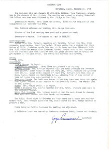 <b>January 19, 1953:</b> Committee reports; library report that letters sent to PTAs outside town advising that if they wanted to check out books they could<br><b>February 16, 1953:</b> Committee reports; library board asks for good book suggestions for new purchases; program consisted of a talk by the District Federation president and a talk by David Doane on the state legislature<br><b>March 16, 1953:</b> Committee reports; program of a trombone quartet and a film on cancer<br><b>April 20, 1953:</b> Committee reports; program discussion on art, and a hobby display by club members<br><b>May 18, 1953:</b> Committee reports; library received more money from the city; nominating committee reported two club presidential candidates, but Mrs. Edith Marsters was elected; Mr. Kenneth Hartzler of Idaho Transport Association shows movie on trucking in Idaho<br><b>June 15, 1953:</b> Committee reports; Oral Coleman gave account of year's activities from 1952-53; installation of new club officers; President Marsters appoints new committee breakdown; motion carried that the club return to the first Monday of the month for club meetings<br><b>September 7, 1953:</b> Committee reports; motion carried for club to open a new account at Nampa Bank; Mrs. Yoy provides a program on Alaska<br><b>October 5, 1953:</b>  Club drops their subscription to Courier Magazine; committee reports; house and grounds committee reports money made in rentals; Club's Y-Teen Girls sponsorship discussed; program of music and a talk on the Scout Jamboree by Perry Kelly   <b>November 2, 1953:</b>  Committee reports; Y-Teens meeting update; no gift exchange among members in December, instead gifts to be given to the clubhouse<b>December 7, 1953:</b>  Committee reports; motion carried to rent clubhouse to Scouts for New Years Dance; program on the traditions of Christmas given by club members