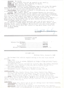 <b>January 3, 1955:</b> Committee reports; Beta Sigma Phi girls of Meridian gave gift of $50 to club toward a new refrigerator; motion carried for donation to March of Dimes; program consisted of humorous stories of members and their families as well as a discussion on safety<br><b>February 7, 1955:</b> Elma Veach teaches everybody a club song she wrote; Committee reports; motion carried members bring a seed package to next meeting for Seeds for Democracy; Y-Teens; program consisted of a song performance, a history on Valentine's Day, and the modeling of old fashioned clothes from the past<br> <b>March 7, 1955:</b> Committee reports; program by Mrs. Veach who displayed old and new articles representing changes from 1905 to 1955<br><b>April 4, 1955:</b> Committee reports; library board report indicates a daily average of 119 books loaned; help for Easter Egg hunt discussed; program a Easter message by Mrs. Riley, a religious consultant for the district of Federated Clubs<br><b>May 2, 1955:</b> Committee reports; election of officers for 1955-56, Elma Veach elected new president<br><b>June 6, 1955:</b> Club got thank you letter from "Seeds for Democracy"; installation of new officers, and new committee member breakdown<br><b>September 5, 1955:</b> Committee reports; Idaho Statesman called for a report of the work the emergency chest did; Y-Teens in need of a leader and continued rental of clubhouse; program consisted of a panel on the Collect, with Elma Veach also providing a verse on the Collect <br><b>October 3, 1955:</b> Committee reports; program on the topic of "Americanism" with various speakers including Mrs. Roberts discussing how she became an American citizen<br><b>November 7, 1955:</b> Check received from YWCA for use of club rooms; committee reports<br><b>December 5, 1955:</b> Committee reports; program on explanations of Christmas through readings, songs, and pictures by Mrs. Andrews<br>