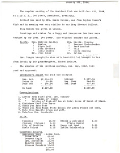 <b>January 6, 1964:</b> Committee reports; Mrs. Emily Hansen "(nee Emily Walt)" of Arthritis and Rheumatism Foundation of Boise who discussed the foundation<br><b>February 4, 1964:</b> Florann Young led program on "Valentine Set to Music"; committee reports; local art exhibit to be held in the clubhouse March 20th; motion to donate to Girl Scouts camp; Valentine Tea Table had at adjournment; attachment mentions a Sweetheart Party held at the clubhouse on February 13th<br><b>March 2, 1964:</b> Program welcomed Phil Peterson and his Meridian High School vocal ensemble to perform, and followed by Rev. Newell Morgan, of First Christian Church, who showed his slides from the Holy Land; committee reports<br><b>April 6, 1964:</b> Mr. James Branvold, school district business manager, spoke about the proposed levy and of the school's needs and how the money would be spent; recollection pointed out that the first reading of the "Club Collect" was read by Tessie Davidson in 1928; program on "Keep Idaho Green" with Alan Atckison from the Forestry Department who showed a film "Fire Prevention"; committee reports<br><b>May 4, 1964:</b> Committee reports; nominating committee nominates next club officers, with Mrs. Ray [Minnie] Anderson nominated for president; program consisted of a demonstration of "Salad Making"<br><b>June 1, 1964:</b> 40th Anniversary meeting with a "Past, Present, Future," program celebration; yearly reports placed on file by committees; installation of new club officers, Minnie Anderson president<br><b>June 1, 1964:</b> Board of Directors meeting; appointment of library board for three year term; other appointments; discussion on Lions Club dinners and special events<br><b>September 7, 1964:</b> Program on the 1964 Girl's State meeting in Caldwell; committee reports<br><b>October 5, 1964:</b> Program on "The Challenge of Inner Space" with the emphasis on "Lord Give Us Courage, Gaiety, and the Quiet Mind"; committee reports; community projects discussed<br><b>November 2, 1964:</b> Patriotic program focused on the wives of the first the United States Presidents; Ethel Soucie urges members to vote in upcoming election<br><b>December 7, 1964:</b> Meridian High School's girl ensemble sang several Christmas songs; committee reports<br>