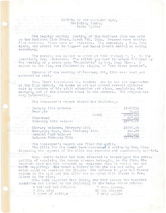 <b>March 7, 1966:</b> Program by Mr. Goodwin, the High School art instructor; discussing art and highlighting work of his adult education art class; committee reports; Art exhibit to again be held; discussions of various donations were had and carried; the Occident Club song composed by Elma Veach several years ago sung by the club<br><b>April 4, 1966:</b> Occident Club song written by Mrs. Veach sung; committee reports; Art exhibit report, winning students announced; club to donate Easter eggs to the Idaho State Hospital<br><b>May 2, 1966:</b> Meeting began with a discussion and focus on Occident Club history with former presidents and charter members; club asked to help with the Meridian Dairy Show Tea; motion carried to use the clubhouse for Dairy Show Tea; nominating and election of officers, Bessie Matcham elected club president<br><b>June 6, 1966:</b> Committee reports; yearly library report shows 22,500 books let out during the year, with 325 new books added; Girl Scout troop put many hours into helping library; installation of newly elected officers<br><b>September 5, 1966:</b> Program consisted of two Meridian High School seniors that attended Girls State and learned about government; committee reports; quarterly library report given<br><b>October 3, 1966:</b> Committee reports; Boise Chamber of Commerce invites club to have a float in the Fairyland Parade in November<br><b>November 7, 1966:</b> Panel of students present program on "What Democracy Means to Me"; committee reports; Lions Club wants a bid on the serving of dinner November 17th; library report shows a busy previous month<br><b>December 5, 1966:</b> Mr. Peterson and twenty girls from junior high chorus sang for program; Emily Pratt reads "The Youngest Shepherd" a legend of Christ, and members joined in singing Christmas songs; committee reports; legislative committee read an editorial on the River Basin Commission on Idaho water conservation; Occident club decides to sponsor candy sales for the Idaho Blind Society to help out club member Zelma Rose; Marguerite Patch appointed to library board<br>