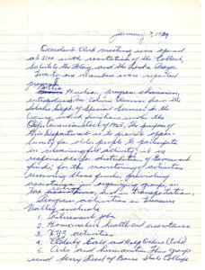 <b>January 3, 1974:</b> Program focused on the Idaho Department of Special Services for the Aging; committee reports; attached treasurer and library reports from December 1973<br><b>February 4, 1974:</b> Program on the development of vocational instruction by Meridian High School teacher; committee reports; January 1974 library report attached<br><b>March 4, 1974:</b> Program on Community Counseling Resources led by Rachel Norris from Children and Family Services in Boise; committee reports; President Pilkington reports the County Commissioners approve of the creation of a library district; February and March 1974 library report attached<br><b>March 26, 1974:</b> Special club meeting focusing on costs of completing library extension; estimated cost analysis at $15, 581.50; motion carried to accept the bid<br><b>April 1, 1974:</b> Program focused on needlecraft and quilling; committee reports; attached financial report<br><b>May 6, 1974:</b> Meeting held at Friendship Hall of Methodist Church due to library construction; original poem "To Our Occident Club" by Mildred de Reus read; "We've been working on the Library," sung to the tune of "We've Been Working on the Railroad," resolution concerning the forming of a library district read several times during meeting; Unanimous yes in favor of library district; members present signed petition to be presented to County Commissioners to establish library district; nominating committee gives names for next club officers, Mildred Langley elected president; the text of the Occident Club Resolution to form the Meridian Library District, poem "To Our Occident Club" attached, yearly committee reports attached; news clipping of Ethel Pilkington honored as Occident Club president<br><b>June 5, 1974:</b> Accuracy of the petitions secured for library district in question and must be clarified (although viewed in order per County Commissioners); committee reports; librarians given a bonus for their hard work regarding the development of the library addition; installation of new club officers, Mildred Langley the new president; various reports attached to minutes<br><b>September 2, 1974:</b> Committee reports; pancake breakfast fundraiser report; "Final Settlement of Library Project" attached<br><b>October 7, 1974:</b> Program by the State Master of Idaho Grange; committee reports; President Mildred introduced Pat Fabricius, the Secretary of the Library District<br><b>November 4, 1974:</b> Program on American Heritage with a focus on the Revolutionary and Civil Wars; first draft of the lease of the library read; committee reports; various attached reports<br><b>December 1, 1974:</b> Committee reports; report on Ada County program to help senior citizens; program by a Kindergarten choir 