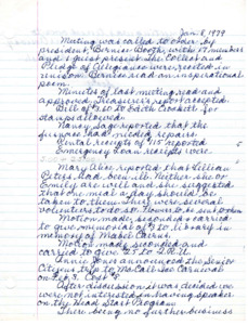 <b>January 8, 1979:</b> Motion carried to give memorial to the library in memory of Mabel Cairns; minor business carried<br><b>February 5, 1979:</b> Motion carried to give $25 to Girls State; emergency loan report<br><b>March 5, 1979:</b> Program by Chairman of the Meridian Chamber of Commerce, who discussed the growth of Meridian and answered questions; committee reports;<br> <b>April 2, 1979:</b> Ada County Commissioners letter saying that club needs to fill out questionnaire to receive their tax free status; emergency loan closet report; nominating committee give initial list of officer candidates; memorial for Lillian Peters to be given to the Methodist Church organ fund<br><b>May 7, 1979:</b> Program by the Happy Harpers, a musical trio from the Central Assembly Church; blacktop for parking lot job will be $351; grounds committee to investigate roof leak; valuation of clubhouse building has increased and valuation of property and equipment too low, will increase valuations for insurance matters; motion carried to not make set price for pancake breakfast, but instead make it a donation; memorial to be given to the library in the name of Nina Egbert; elections of next year officers, Bernice Booth re-elected President<br><b>June 4, 1979:</b> Emergency loan report; report on insurance made; same officer as previous year were to serve so they were installed without ceremony; June Thomas suggests that club might be interested in furnishing religious books for the library, this matter to be discussed in the fall<b>September 3, 1979:</b> Program by delegates to Girls State; Nancy Sage and June Thomas have discussed religious book donations for the library, the librarian to contact June and a report will be given next meeting<br><b>October 1, 1979:</b> Program focused on Meridian history; Librarian Eleanor Arudt gave club list of religious books she thought appropriate for the library, motion carries for club to give $150 for the purchase of religious books for the library<br><b>November 5, 1979:</b> Marie Sandy tells the story of the Collect which was written by Mary Stewart who helped organize the National Federation of Women's Clubs; program by Linda Buhn who spoke on "A New Concept of Women & Club Work"; the Wright Construction Co. donated the blacktop for the club parking lot, which would have cost $351; mention of current members who have been in the club for 50 plus years<br><b>December 3, 1979:</b> Christmas program with bell ringing with Lila Hill accompanying on the piano; committee reports