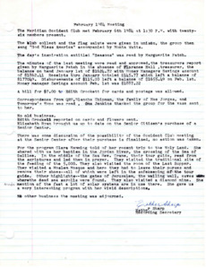 <b>February 6, 1984:</b> Discussion of Occident Club meeting at the Senior Citizen Center after its purchase was finalized, but no decision made; program by Carla Haming on her recent trip to the Holy Land<br><b>March 5, 1984:</b> Program on Minnesota; motion carried for the club to still meet at the library and not the Senior Center; Gaye Walter from the library was told by club members they wanted a written agreement that the club could always meet at the library, and Walter said she would get it written out; club donates $25 to Girls State<br><b>April 2, 1984:</b> Program on the importance of volunteer work; discussion on selling certain club owned items from the clubhouse; two more toilet risers to be purchased for the emergency supplies; club president urged all to attend Library groundbreaking April 14; attached article on the Meridian High Girls State delegates<br><b>May 7, 1984:</b> Program by Ruby Trautman on China (she was member Mary Alice White's roommate on a trip to China); Pamona Grange to borrow club piano for their convention; new club officers elected, Opal Merrell to be president<br><b>June 4, 1984:</b> Emergency loan to have same storage room as in the past; installation of officers with Opal Merrell as president<br><b>September 4, 1984:</b> First club meeting in the new quarters of the library; motion carried to donate $25 to Girls State; motion carried to donate $25 to Meridian Senior Citizens in memorial to Doris Bowen; program by girls from Girls State; emergency loan closet receives some donations; various financial reports attached to end of minutes<br><b>October 1, 1984:</b> Special guest Jack Lewis from the Idaho State School and Hospital in Nampa shows film clip of programs and activities at the center; motion carried that executive committee write new by-law amendment to have first Fall meeting the last Monday in August instead of Labor Day, with the amendment to be voted on next meeting; address for the Occident Club has now been changed from 810 Meridian to 18 E. Idaho<br><b>November 5, 1984:</b> Committee reports; emergency loan receives donation of pads and a bedpan; motion carried for club to donate $100 to "Tomorrow's Hope" for Christmas; amendment to bylaws suggested last meeting voted on and adopted<br><b>December 1984:</b> Members brought canned goods for the Hays Shelter House; emergency loan received a donation of a walker, crutches, and a bath bench, with First Church of Christ wanting to donate a wheelchair they have; motion carried to donate $100 to Q.R.U, (Quick Response Unit); program on the story of the poinsettia followed by Christmas music