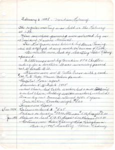 <b>February 6, 1995:</b> Motion passed to donate $100 to Hope House; emergency loan report<br><b>March 6, 1995:</b> Emergency loan closet report; open discussion held on what to do about disposing of all club equipment and the emergency loan chest equipment; Rose to talk with Senior Center president about these items<br><b>April 3, 1995:</b> Club still trying to find a place to donate their medical equipment from the emergency loan chest; hospital loan chest report<br><b>May 1, 1995:</b> Still have not been able to dispose of the loan closet equipment; motion carried to give $100 to Girls State; program on librarian work with children<br><b>June 5, 1995:</b> Meeting at the "Fiesta Restaurant"; vote taken on how to dispose of the club money in the bank, three potential choices were part of the the voting; general agreement to keep all money in Meridian; rent would still be paid on emergency loan equipment until equipment disposed; the library will receive all the kitchen equipment