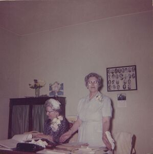 1962 Occident Club meeting (left to right): Mildred Botkin (secretary), Elma Veach (president)