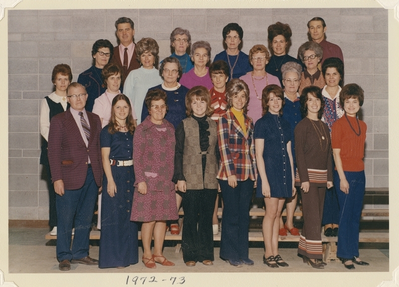 <b>Front Row L-R:</b> Obed Dahl (Principal), Doris Sauer, Betty Kusler, Vicki Welch, Chris DeSilvia, Wendy Burbank, Judi Taylor, Marcia Sandlin <br><b>Second Row L-R:</b> unidentified, Maureen McFaddan, Francis Ellis, Jeannette Ward, Irene Brown, Janice Richards <br><b>Third Row R-L:</b> Elizabeth Coryell, Beverly Fricki, Hazel Dudgeon, Helen Cox, Leona McKague <br><b>Fourth Row L-R:</b> Quincy Fodge, Pauline Biggers, Helen Bryce, Frances LaFon, Dale Thurston