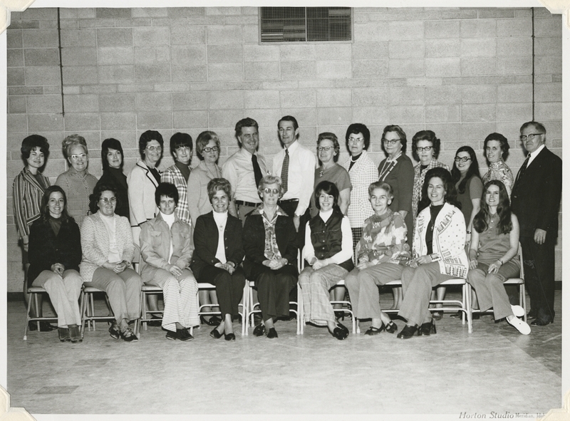 <b>Front Row L-R:</b> Chris DeSilvia, Betty Kusler, Joan Todd (Sec.), Janice Richards, Pauline Biggers, Wendy Burbank, Hazel Dudgeon, Fran LaFon, DeAnn Howard <br><b>Second Row L-R:</b> Marcia Sandlin, Irene Brown, Judy Taylor, Elizabeth Coryell, Jeannette Ward, Leona McKague, Quincy Fodge, Dale Thurston, Helen Cox, Helen Bryce, Frances Ellis, Della Williams, Jane Harris, Maureen McFaddan, Obed Dahl (Principal)