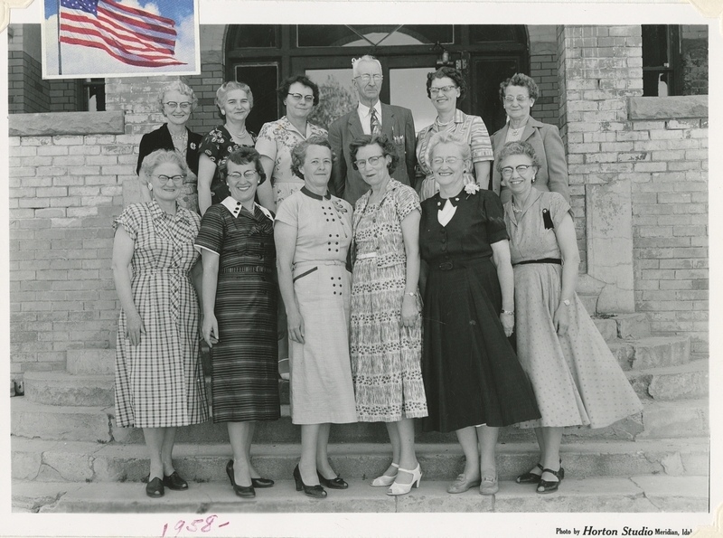 <b>Front Row L-R:</b> Ruby Trautman, Betty Kusler, Doris Scott, Blanche Chipman, Mary Perry, Edith Crockett <br><b>Second Row L-R:</b> Oma Jenkins, Hazel Dudgeon, Frances Ellis, Claude A. Saxton, Elizabeth Coryell, Frieda Mayer