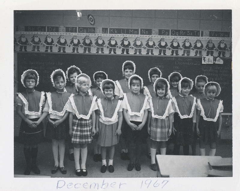 Meridian Elementary School Second Grade Class Christmas Program, 1967. <br><b>Front Row L-R:</b> Lola Dansereau, Valerie Brandt, Rhonda Tolsma, Peggy Bowen, Shellie Cook, Tanya Goodwin, Carole Tonks, Roxanne Spencer <br><b>Second Row L-R:</b> Kimberly Newell, Lori Wood, Kathy Riddlemoser, Linda Joy Fothergill, Elizabeth Jackson, Linda Wall 