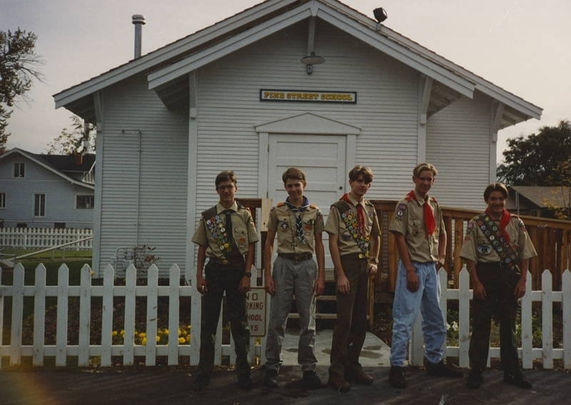 Michael Knorpp Eagle Project to build an Outhouse for the Pine Street School Restoration Project, Troop 129 (Photo taken in October 1993, they built the Outhouse in July of 1993). Individuals Left to Right: Matt Tuttle, Michael Knorpp, Brent Borup, Mike Breinholt, and Adam Berry 