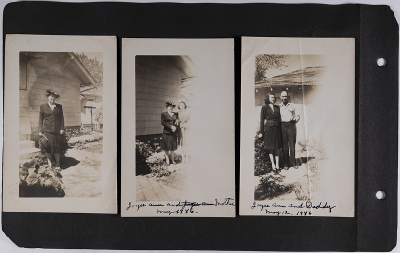 Left: Hazel Gaton, Mother's Day, May 12, 1946.<br>Center: Hazel (mother) and Joyce Ann (daughter), 1946.<br>Right: Joyce Ann and Father, 1946.