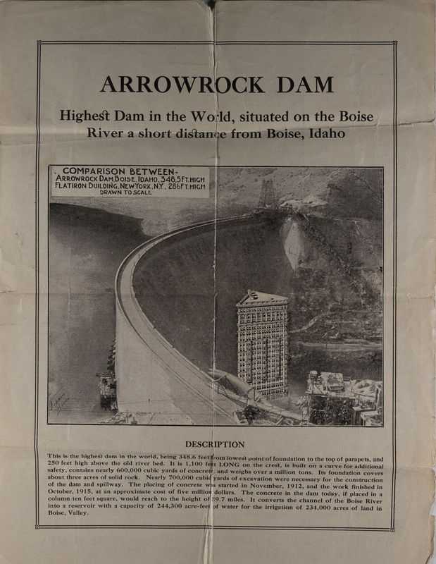 Back of above flyer advertising the Arrowrock Dam.