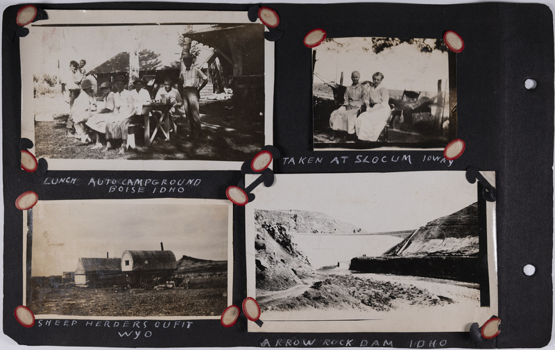 Top left: Family having lunch at an auto campground in Boise, Idaho.<br>Top right: Two women at Slocum, Iowa.<br>Bottom left: Sheep herders outfit, Wyoming.<br>Bottom right: Arrowrock Dam, Idaho.