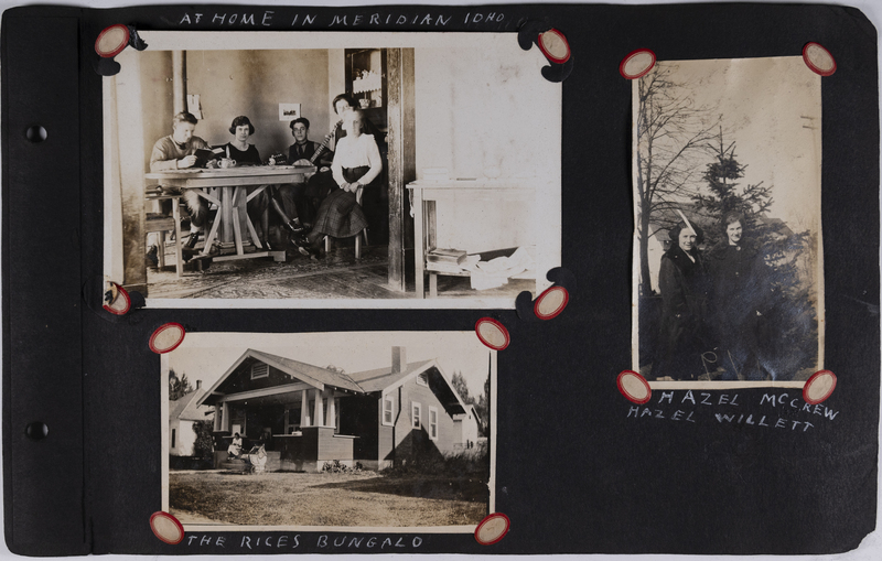 Top left: Men and women sit at table and play guitar.<br>Bottom left: The Rice's bungalow.<br>Far right: Hazel McCrew and Hazel Willett.