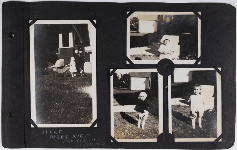 Mary Rice plays with doll stroller and dog.