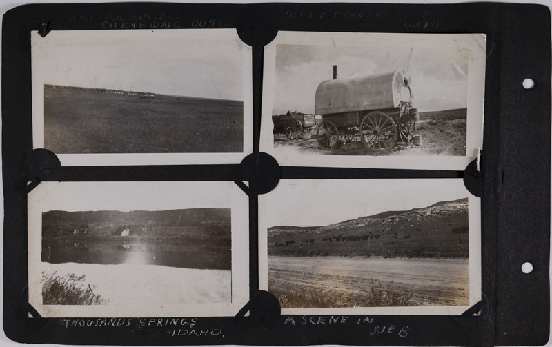 Top left: Fort D.A. Russell, Cheyenne, Wyoming.<br>Top right: Sheep herders outfit, Wyoming.<br>Bottom left: Thousand Springs, Idaho.<br>Bottom right: A scene in Nebraska.