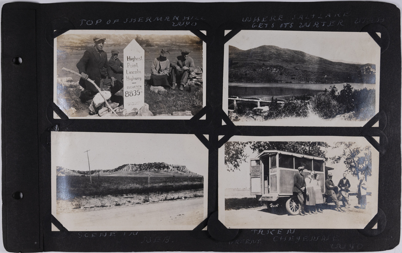 Top left: Four men shown sitting at the highest point Lincoln Highway.<br>Top right: Salt Lake water source.<br>Bottom left: A butte in Nebraska.<br>Bottom right: Willett family and friends in front of their outfit in Wyoming.