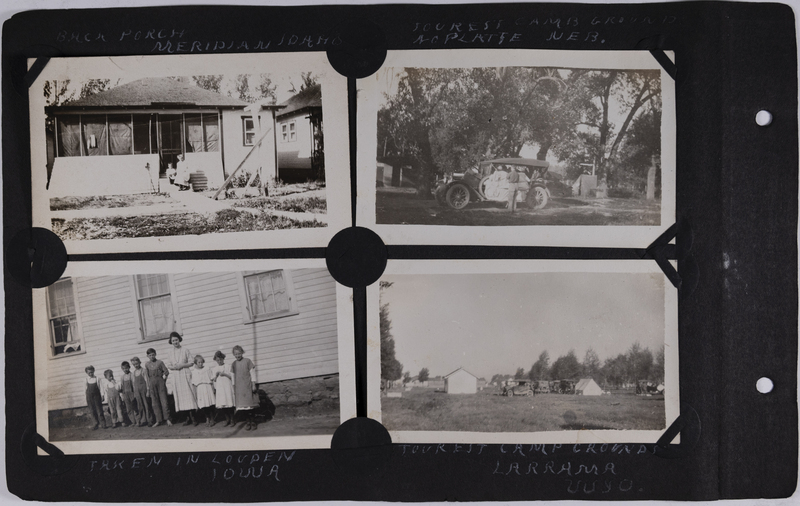 Top left: Woman and child setting on porch in Meridian, Idaho.<br>Top right: Tourist campground in North Platte, Nebraska.<br>Bottom left: Woman and children in front of building in Lowden, Iowa.<br>Bottom right: Tourist campground in Laramie, Wyoming.