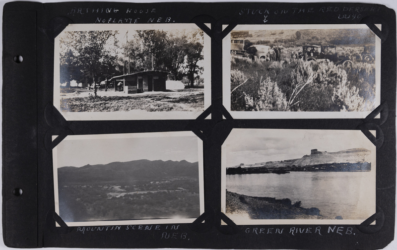 Top left: Dressing house at the North Platte, Nebraska campground.<br>Top right: Automobiles and outfit stuck on the Red Desert in Wyoming.<br>Lower left: A mountain scene in Nebraska.<br>Bottom right: Green river in Nebraska.