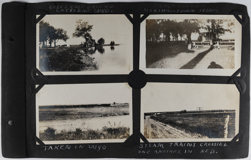 Top left: Auto campground in Cheyenne, Wyoming.<br>Top right: Auto campground in Marshalltown, Iowa.<br>Bottom left: View of field in Wyoming.<br>Bottom right: Two steam trains crossing one another in Nebraska.