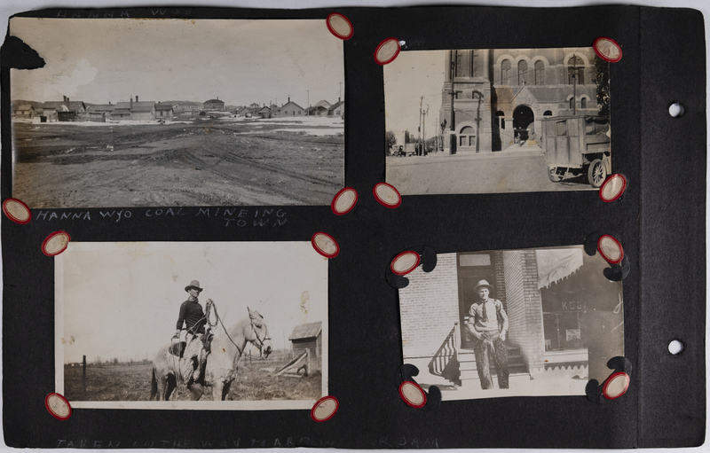 Top left: A coal mining town in Hanna, Wyoming.<br>Top right: Building and automobile.<br>Bottom left: Man on horse taken at [...] dam.<br>Bottom right: Man standing in front of brick building.