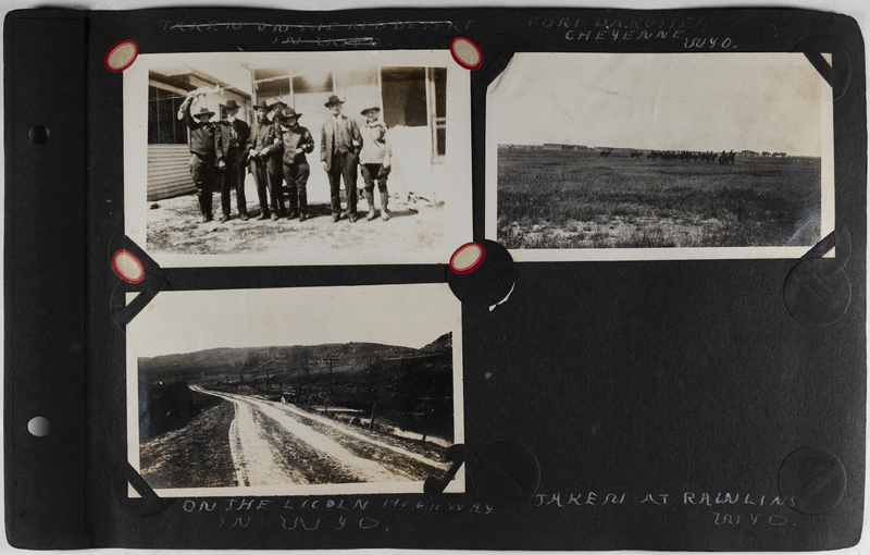 Top left: Group of five men and two women.<br>Top right: Group of men riding horses at Fort D.A. Russell in Cheyenne, Wyoming.<br>Bottom right: Street view on the Lincoln highway in Wyoming.<br>Bottom right: Blank