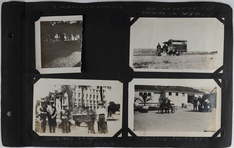 Top left: Torn image of a western cowboy.<br>Top right: Men and women standing in front of the outfit shown on the top of the Rockies in Wyoming.<br>Bottom left: Men and women standing in front of Mormon Temple in Salt Lake, Utah.<br>Bottom right: Men and women standing in front of building in Salt Lake, Utah.