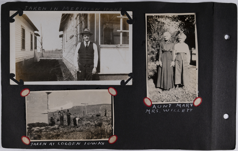 Top left: Man standing in front of home in Meridian, Idaho.<br>Top right: Aunt Mary and Mrs. Willett.<br>Bottom left: Men and woman standing in front of home in Lowden, Iowa.