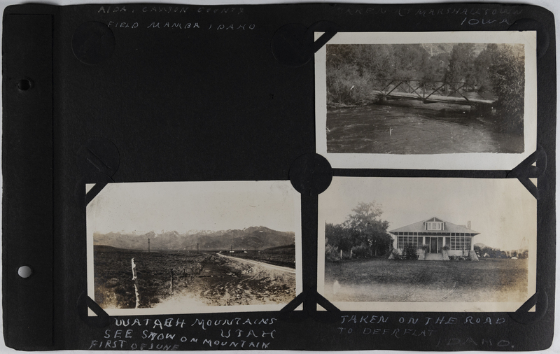 Top left: Blank.<br>Top right: Bridge over stream in Marshalltown, Iowa.<br>Bottom left: Snow-covered Wasatch mountains in Utah.<br>Bottom right: Home on the way to Deer Flat, Idaho.