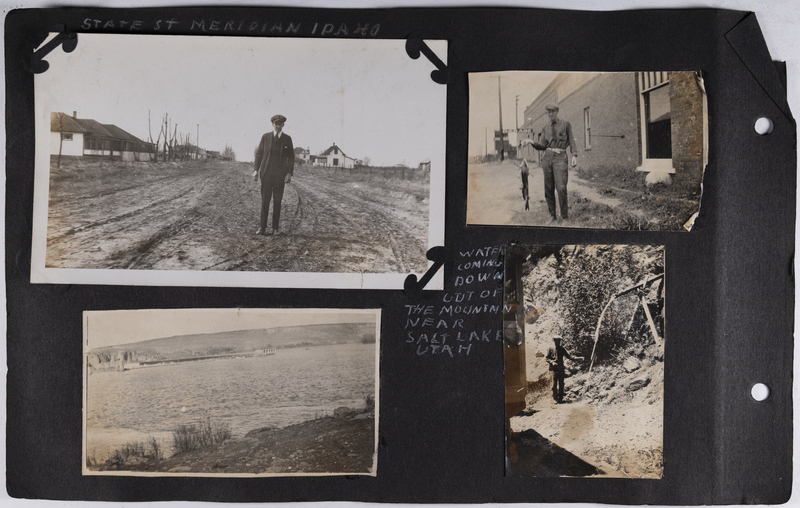 Top left: Man standing on State Street in Meridian, Idaho.<br>Top right: Man holding fish.<br>Bottom left: Unknown river.<br>Bottom right: Man standing next to pipe emitting water in Salt Lake, Utah.