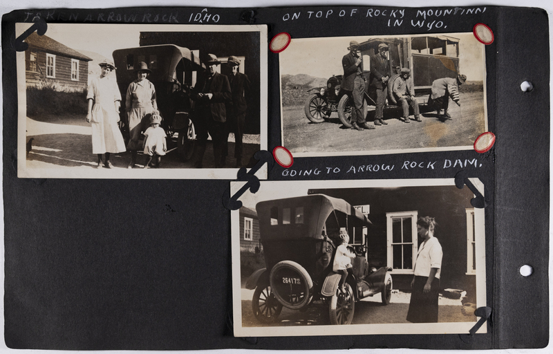 Top left: Family standing in front of automobile in Arrowrock, Idaho.<br>Top right:  Men standing at top of Rocky Mountain in Wyoming.<br>Bottom right: Woman and child getting ready to go to Arrowrock, Idaho.