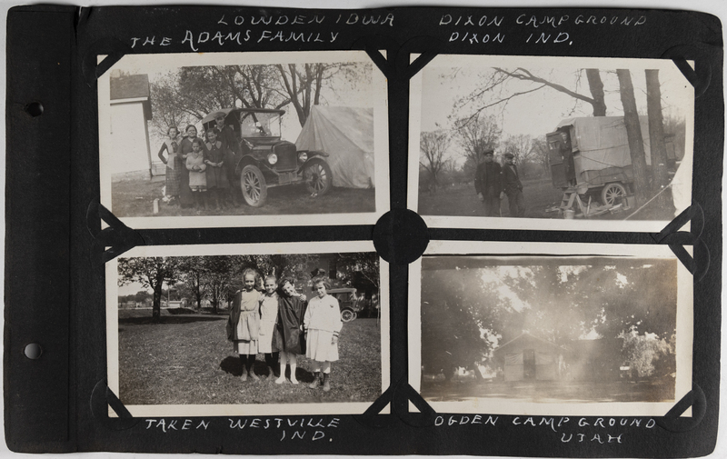 Top left: The Adams family stands in front of an automobile in Lowden, Iowa.<br>Top right: Men stand in campground near outfit in Dixon, Indiana.<br>Bottom left: Four children in Westville, Indiana<br>Bottom right: Ogden campground in Utah.