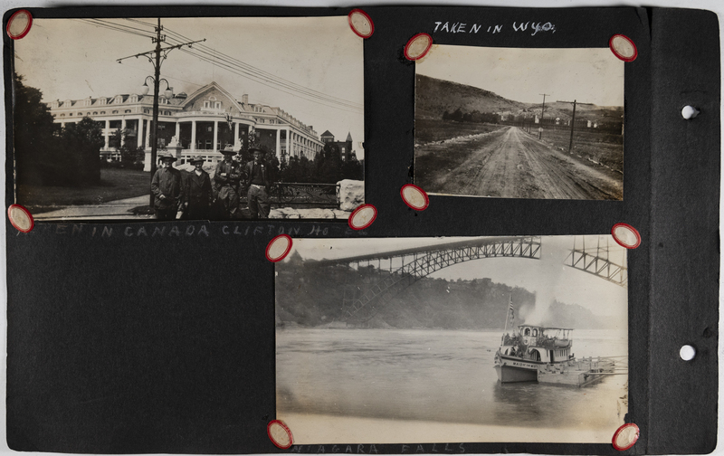 Top left: Men standing in front of Clifton Hotel, Canada.<br>Top right: Deserted road in Wyoming.<br>Bottom right: "Maid of the Mist" boat floats under bridge in Niagara Falls, New York.