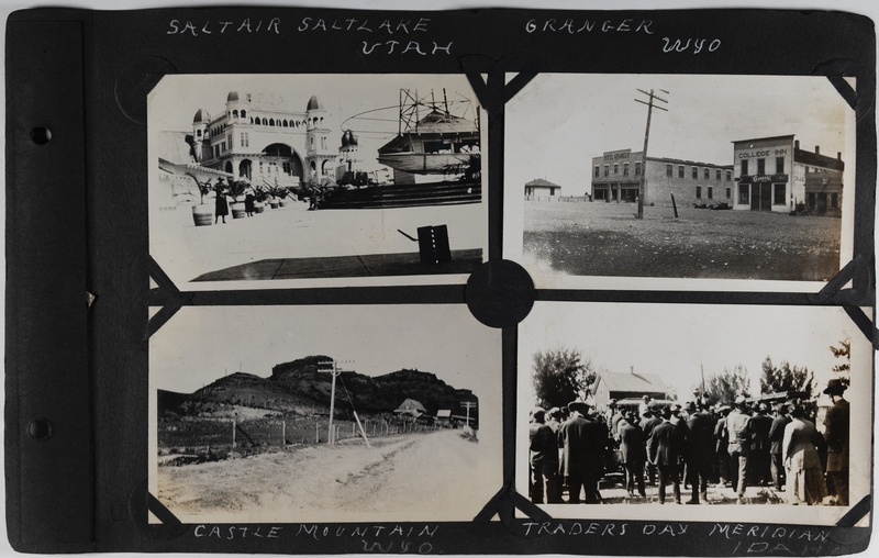 Top left: Building in Saltair, Salt Lake, Utah.<br>Top right: Motel Granger and College Inn buildings in Granger, Wyoming.<br>Bottom left: Castle Mountain, Wyoming.<br>Bottom right: Group of men and women prepare for Trader's Day in Meridian, Idaho. 